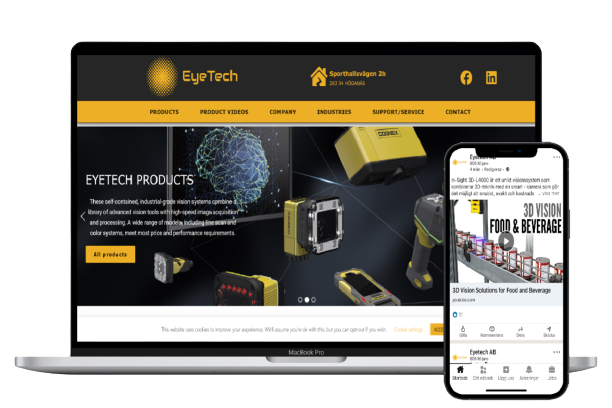 Eyetechs hemsida på en MacBook Pro och Iphone